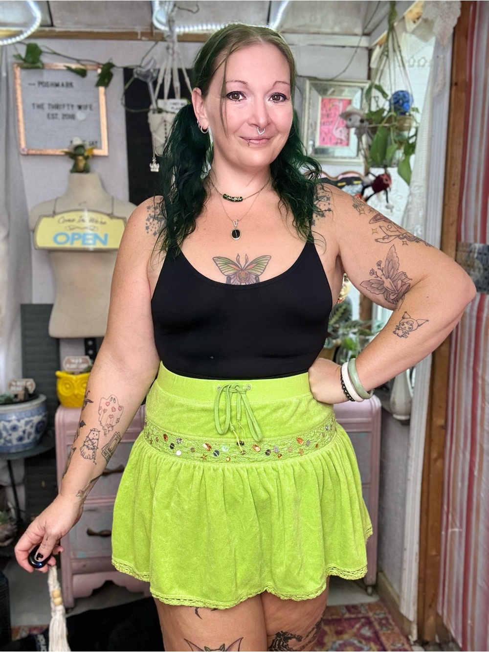 Miss Me Bright Lime Green TerryCloth Y2K Drawstring Lace Trim Skirt Size Medium